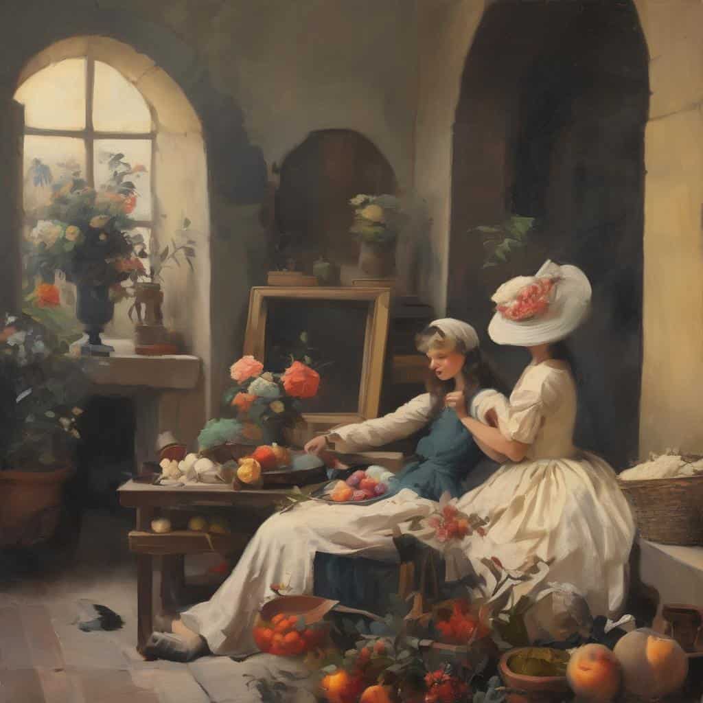 Λεπτομερής αναπαράσταση ιστορικής καλλιτεχνικής σκηνής με δύο γυναίκες σε εσωτερικό χώρο, περιβάλλον με λουλούδια και έργα τέχνης.