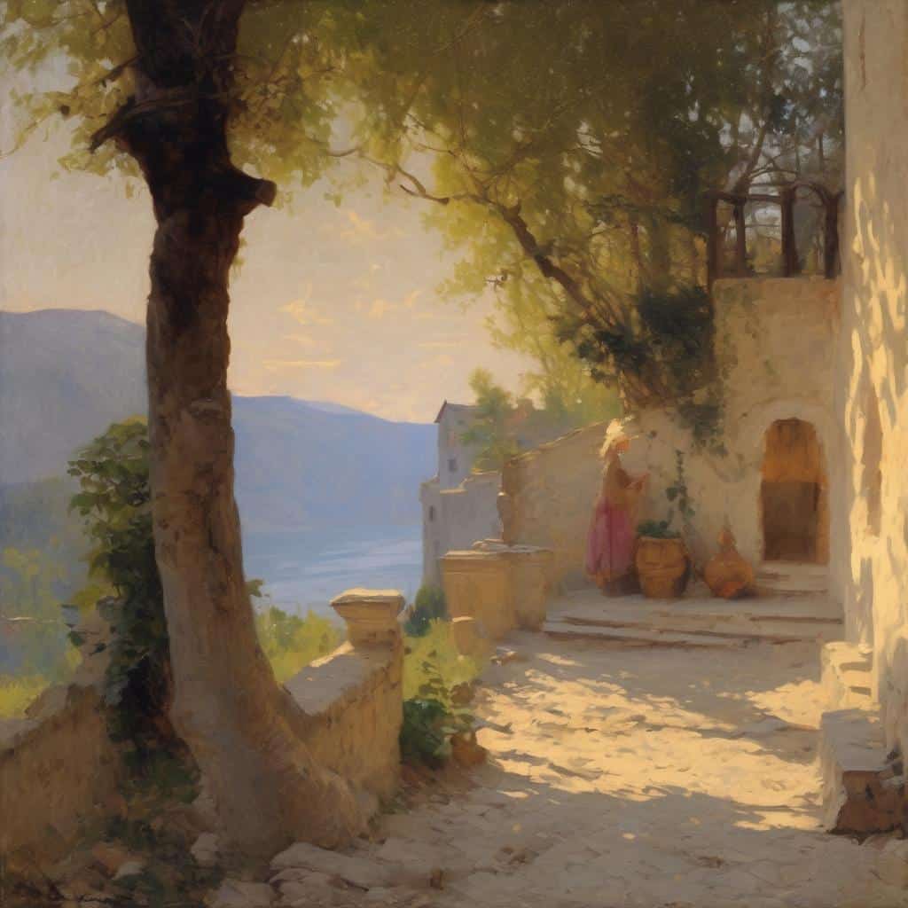 Γλυπτό τοπίο με γυναίκα και μονοπάτι στη βεράντα, φωτεινή και ήσυχη ατμόσφαιρα.