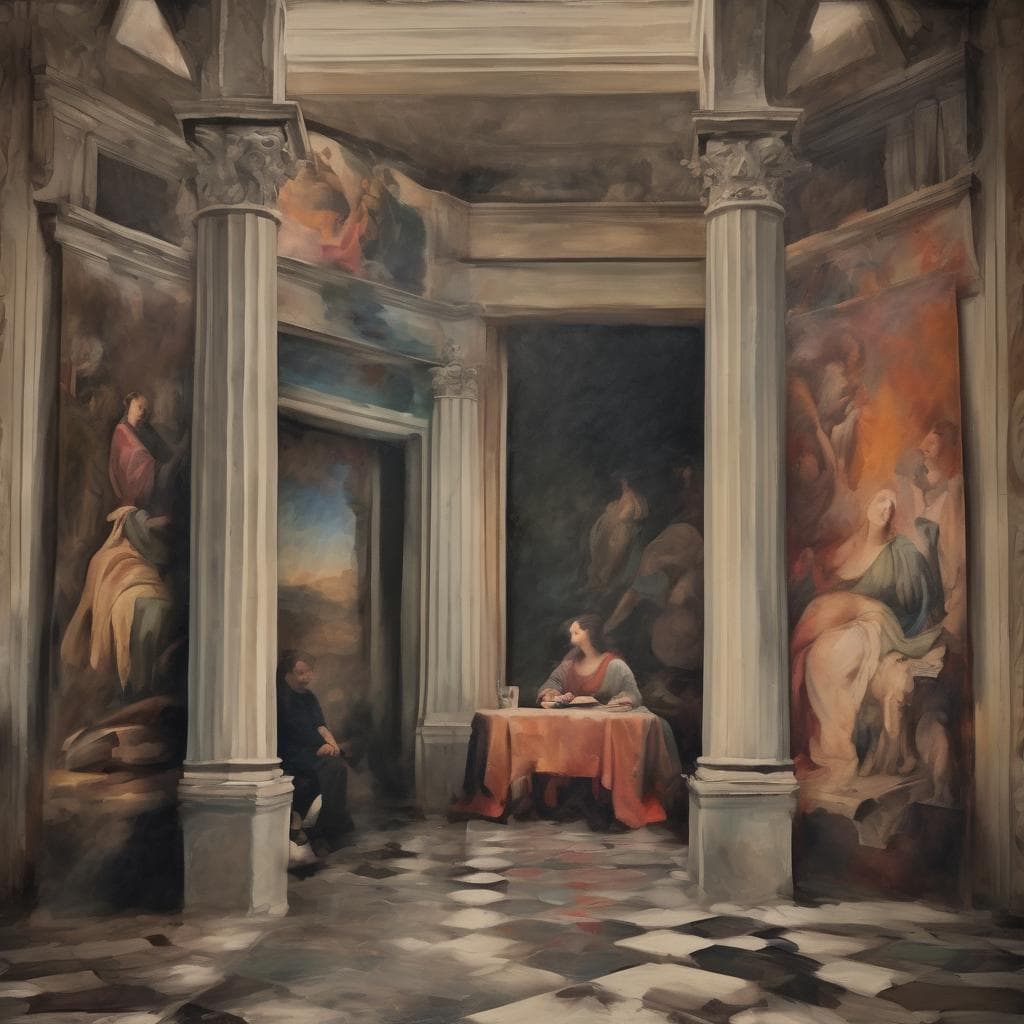 Ιστορική εικαστική σύνθεση με τηλέψια, σοφία και ιστορία, αναδεικνύοντας τη βιογραφία στην ερμηνεία της τέχνης.