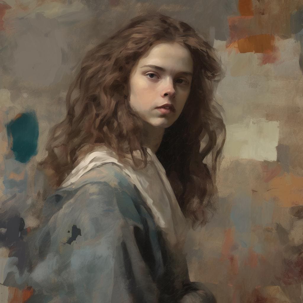 Φωτογραφία νεαρής γυναίκας με καστανά, πυκνά, σγουρά μαλλιά σε ψηφιακό ζωγραφικό στυλ.