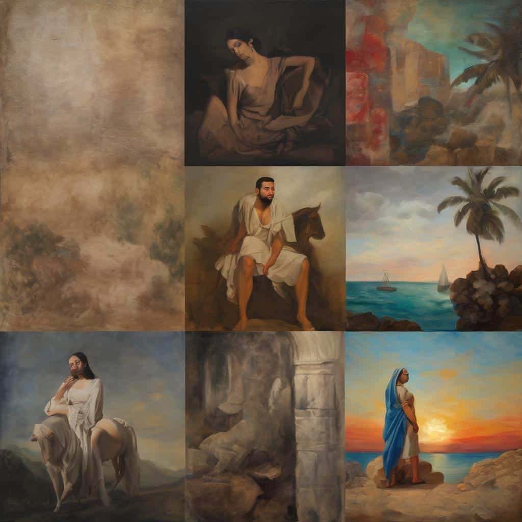 Συμβολικά έργα τέχνης με ανθρώπινες φιγούρες και φυσικά τοπία, αναδεικνύοντας την σημασία της βιογραφίας στην ερμηνεία.